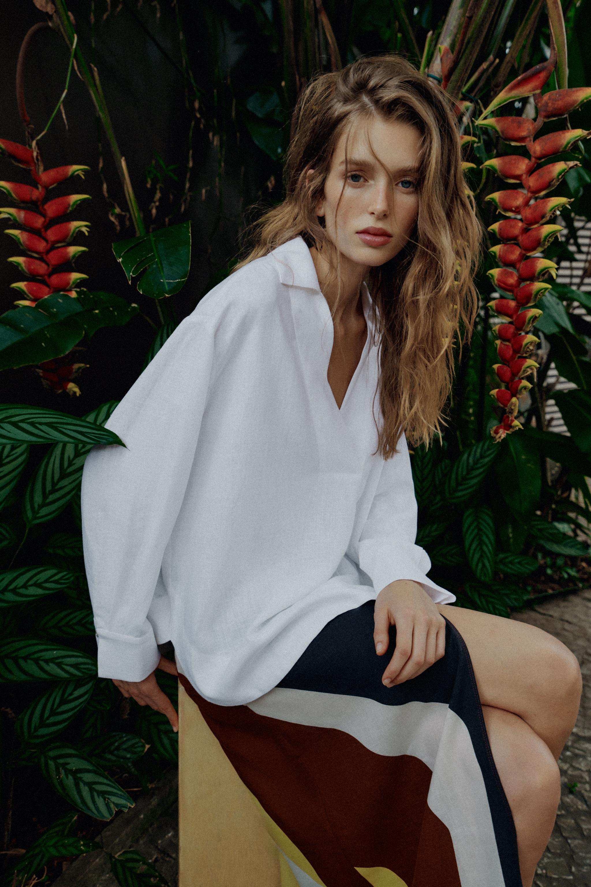 Linen Blend Blouse With Polo Collar