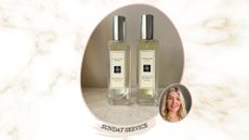A marble backdrop containing an image of Jo Malone London colognes - grapefruit and English Oak and Hazelnut beside an image of beauty editor Fiona Mckim
