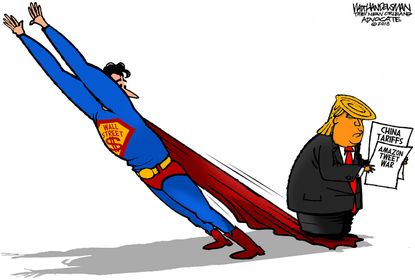 Political cartoon U.S. Trump trade war tariffs China Amazon Wall Street