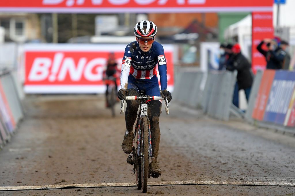 OVERIJSE BELGIUM JANUARY 24 Arrival Clara Honsinger of The United States during the 61st Druivencross World Cup 2021 Womens Elite UCICX CXWorldCup Ostend2021 on January 24 2021 in Overijse Belgium Photo by Luc ClaessenGetty Images