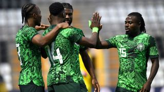 Super Eagles players celebrate ahead of the Nigeria vs Equatorial Guinea live stream 