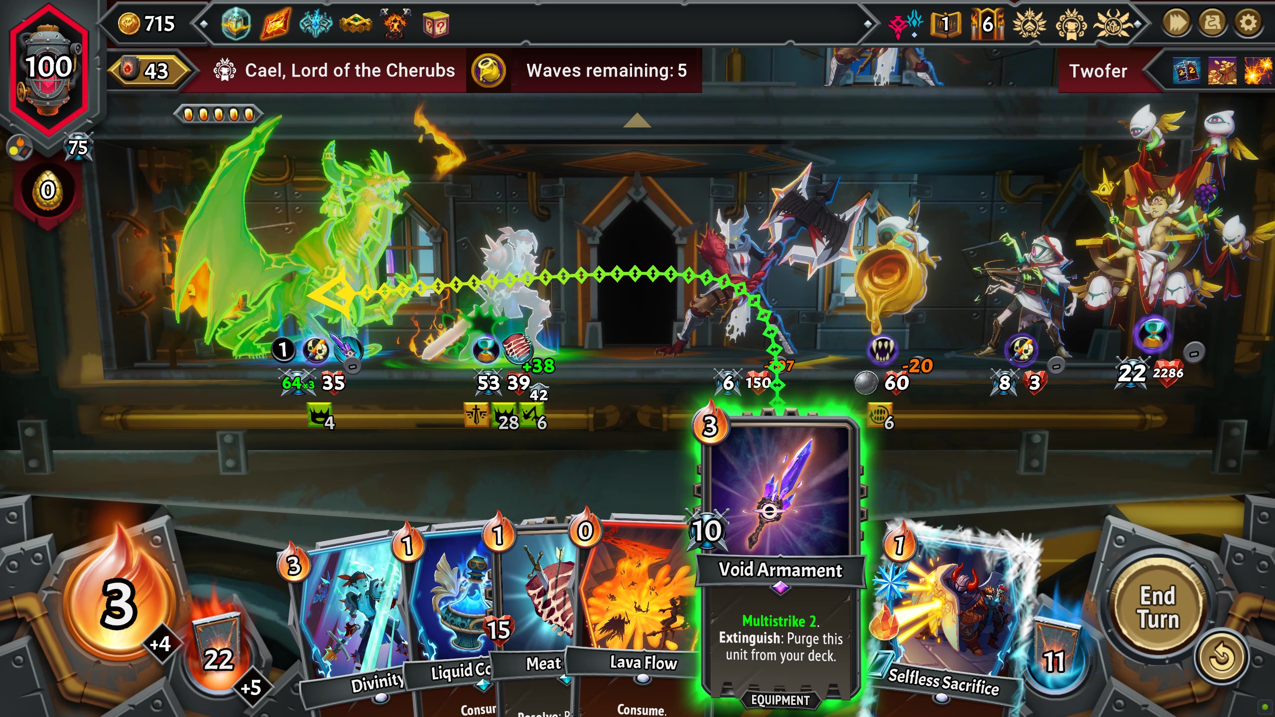 Aiming a Void Armament equipment at Lord Fenix in Monster Train 2 during the Cael boss fight