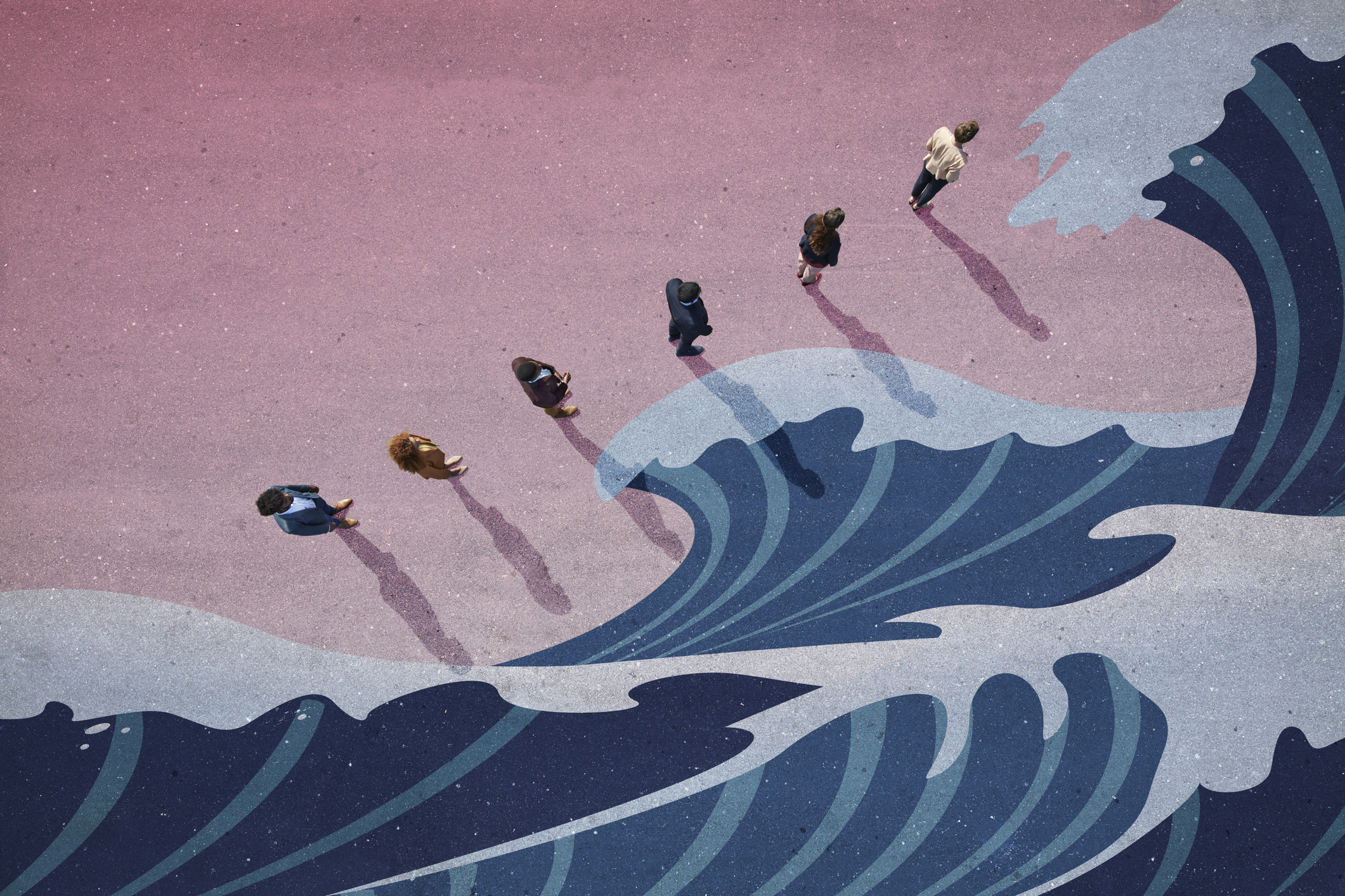 People standing in line next to big waves panted on asphalt &ndash; to illustrate Tina Fordham interview
