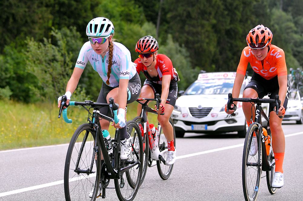 Giro Rosa stage 5 breakaway: Nikola Noskova of Czech Republic and Team Bigla / Leah Kirchmann of Canada and Team Sunweb / Pauliena Rooijakkers of The Netherlands and Team CCC - Liv
