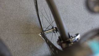 The front hub of the Dura-Ace C50 wheels