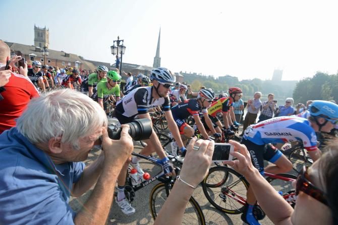 The peloton leaves Worcester at the Tour of Britain.