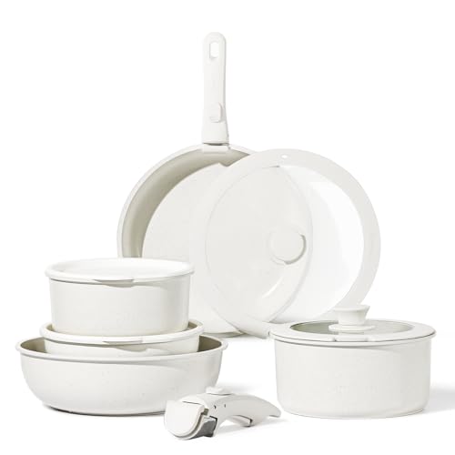 Carote 11pcs Pots and Pans Set Non Stick, Cookware Sets Detachable Handle, Rv Kitchen Set Removable Handle, Oven Safe, Induction Ready, Stackable Non-Stick Set, Cream White