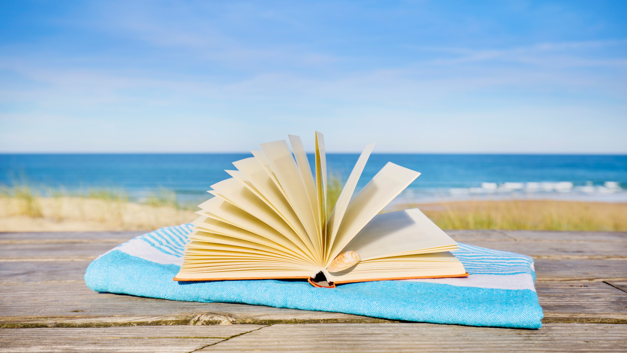 An open book sits on top of a blue blanket at a beach