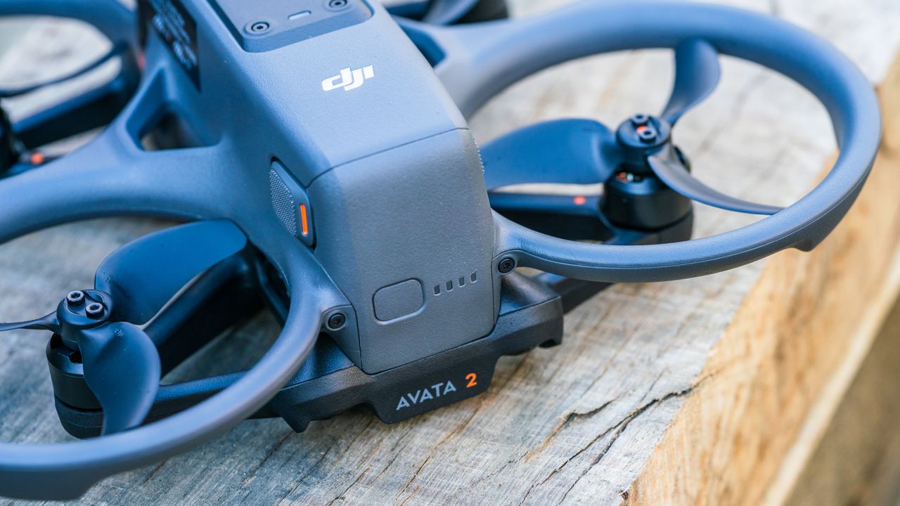 DJI Avata 2 FPV drone on a wooden bench
