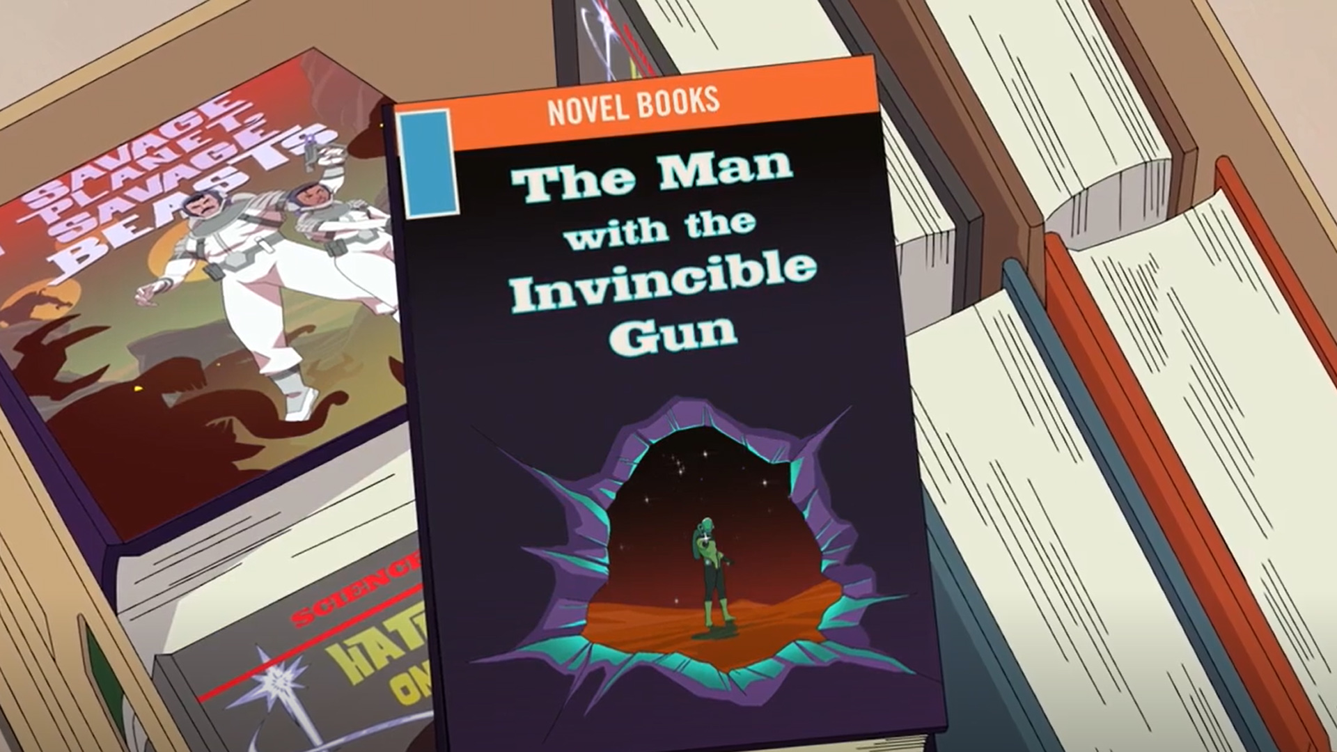 A screenshot of Nolan Grayson's books in Invincible season 2 episode 4