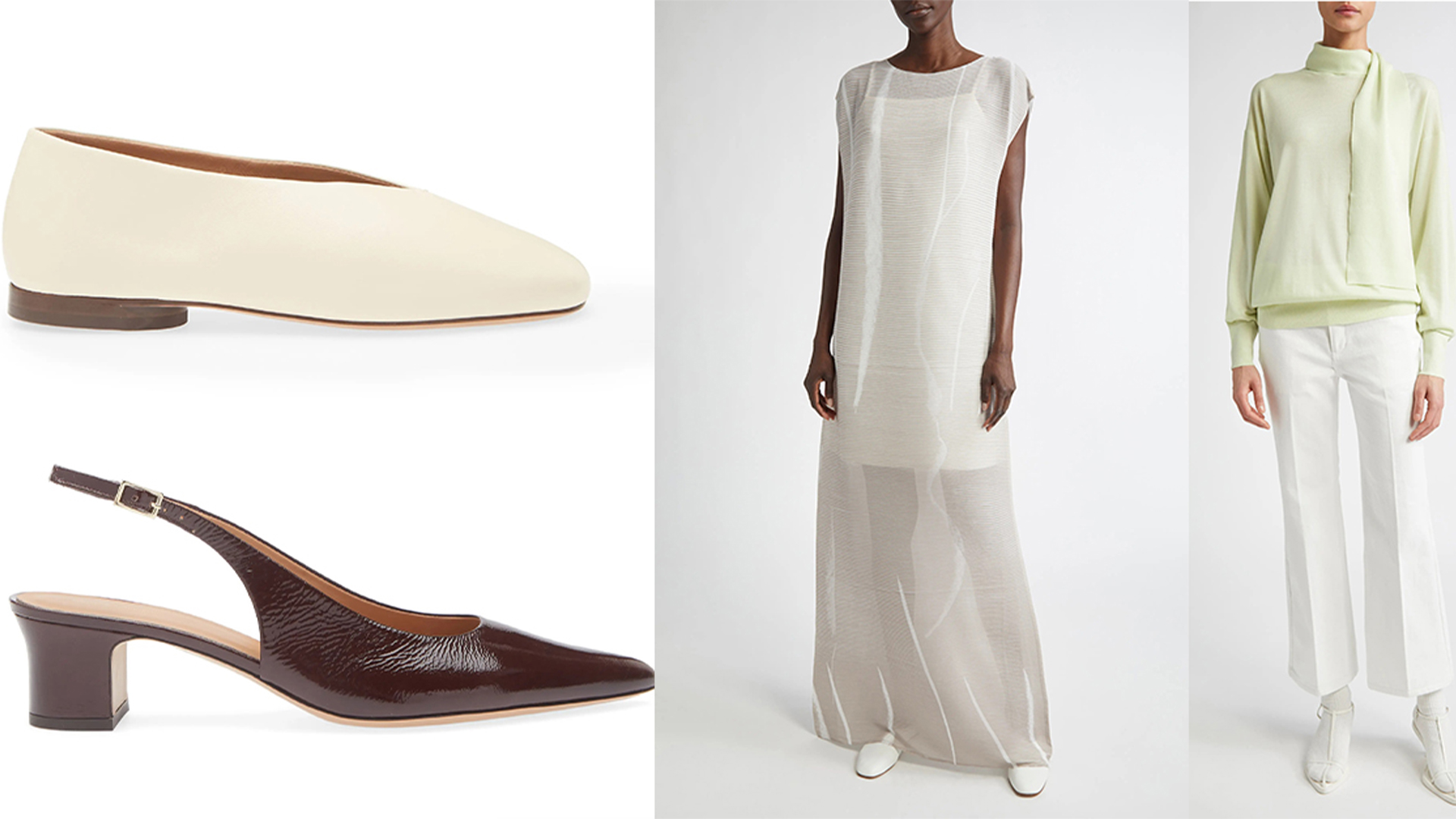 two pairs of shoes including flats and slingbacks are picture alongside a semi sheer dress and a green cashmere top