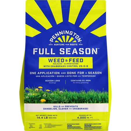 Pennington Full Season Weed and Feed Plus Crabgrass Control Lawn Food 25-0-8 Fertilizer, 14.4 Lbs., Covers 4,000 Sq. Ft.