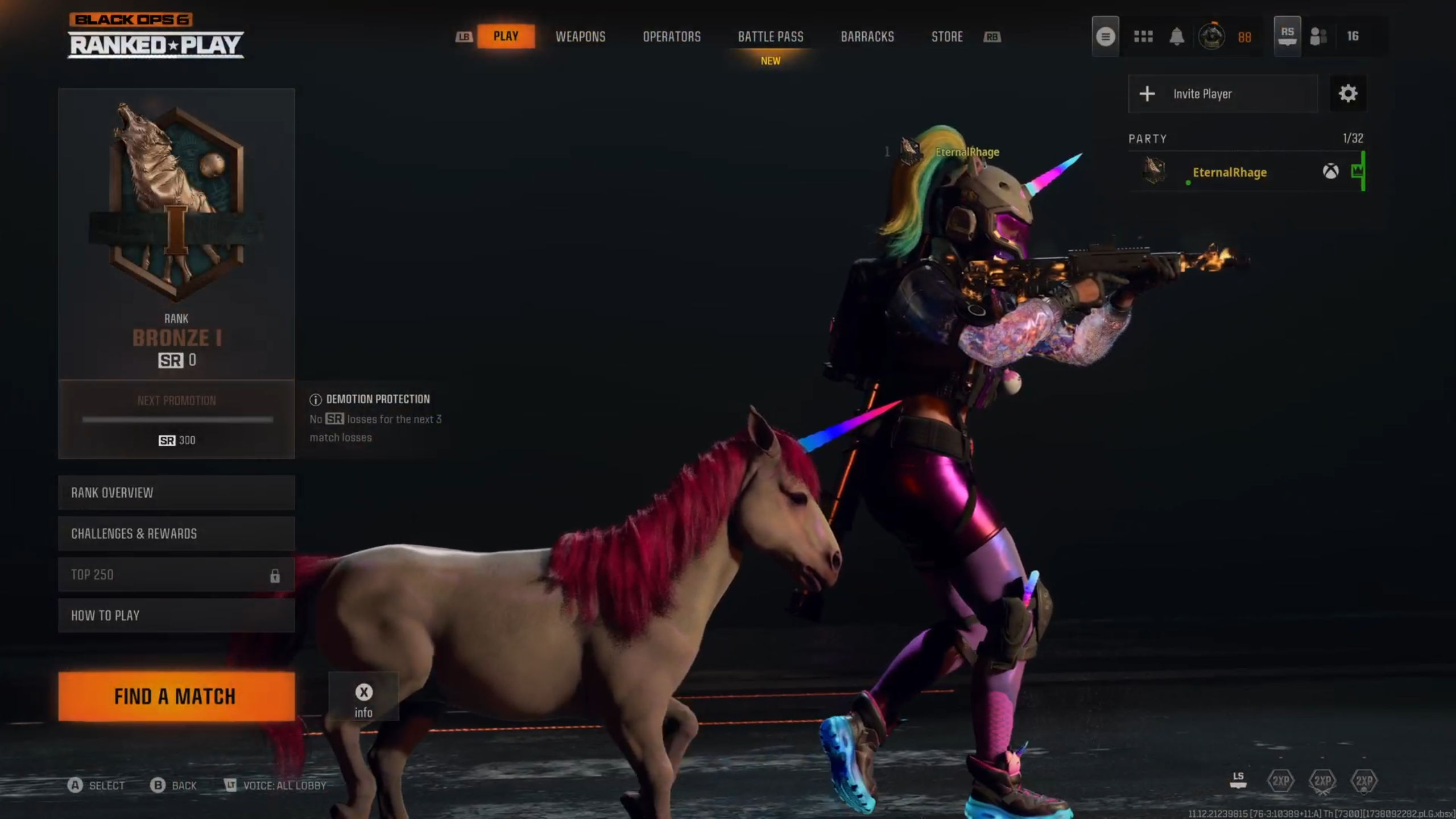 Call of Duty: Black Ops 6 Ranked Play lobby with Brightmare operator bundle and mini farting unicorn companion.