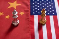 Chess pieces on Chinese and US flag