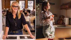 L-Mel Robbins, R-A woman relaxing with a cup of tea