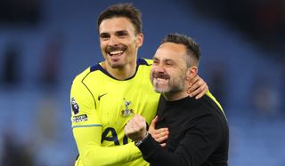 Tottenham Hotspur manager Roberto De Zerbi celebrates with Joao Palhinha after the Premier League win over Aston Villa