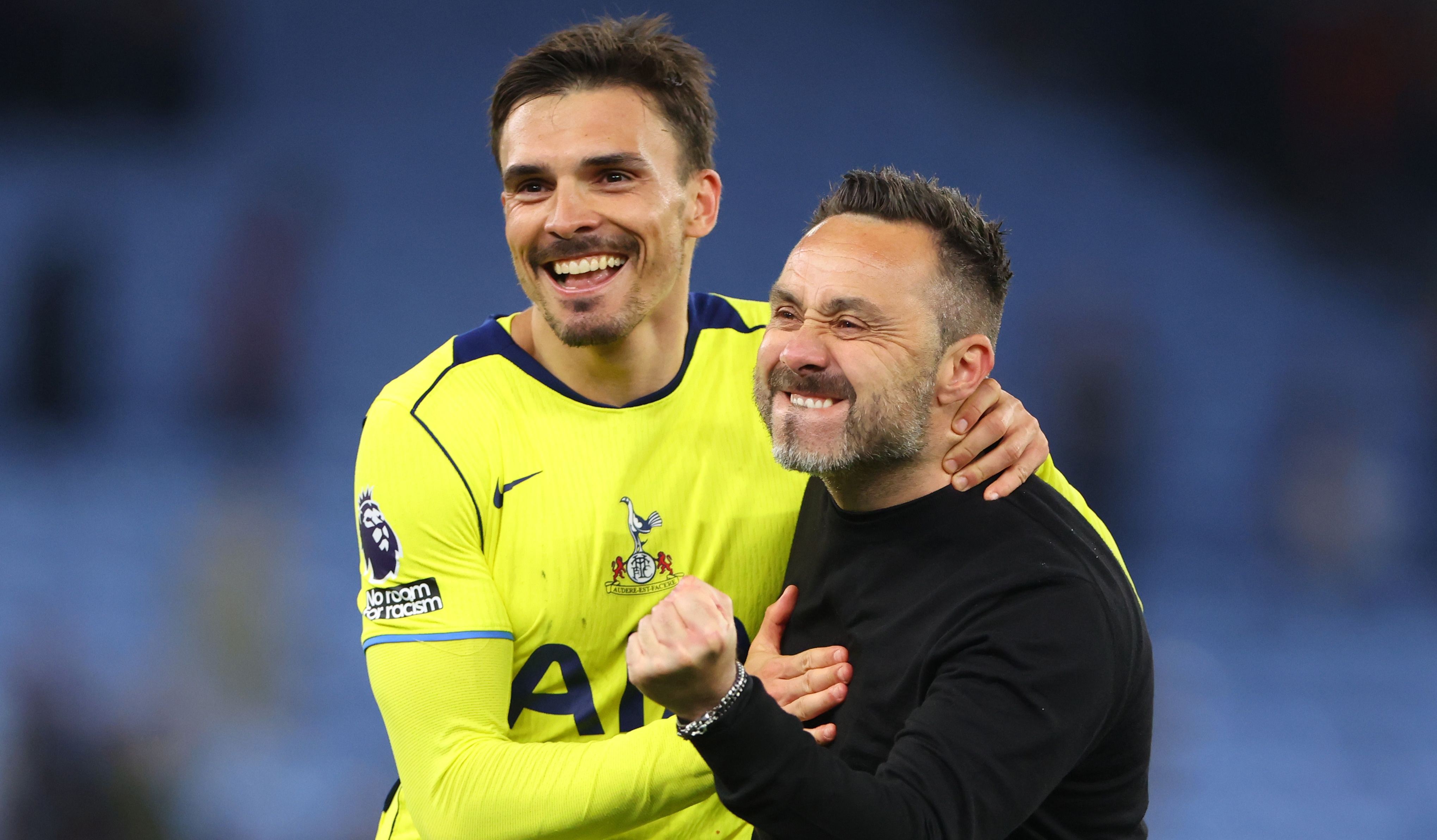 Tottenham Hotspur manager Roberto De Zerbi celebrates with Joao Palhinha after the Premier League win over Aston Villa