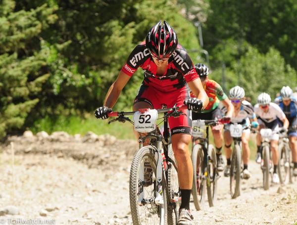 Kerry Werner (BMC) pulling a long train of riders up Mt. Baldy