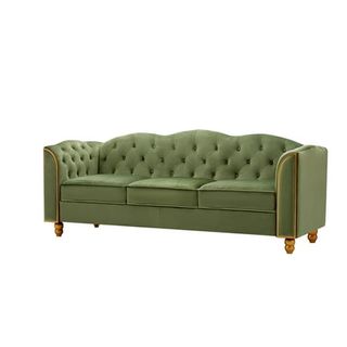 Homfa 3 Seater Sofa, 78.7'' Modern Large Velvet Button Upholstered Couch With Golden Wood Legs, Green