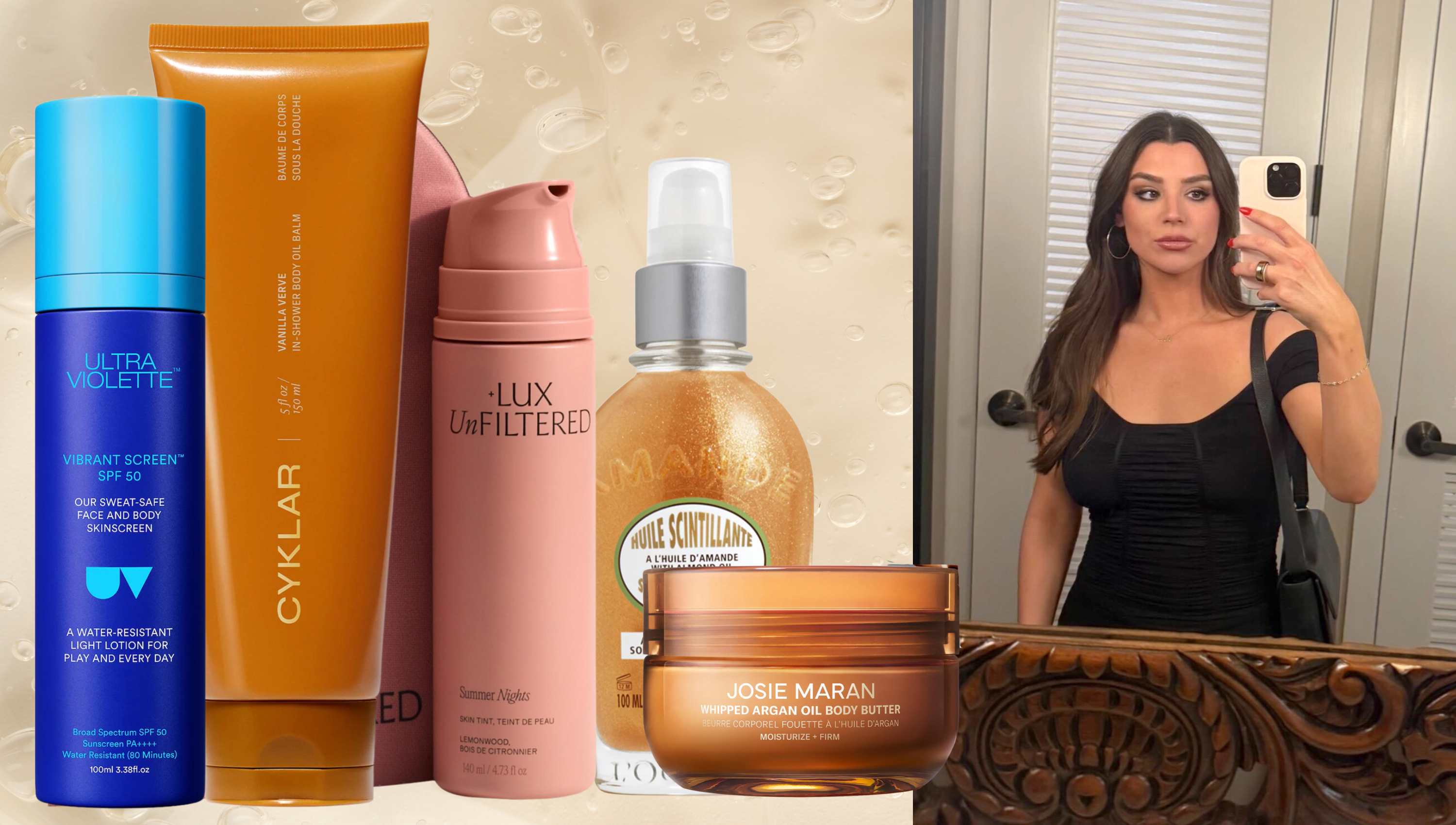 sephora bodycare products next to a mirror selfie of a brunette woman