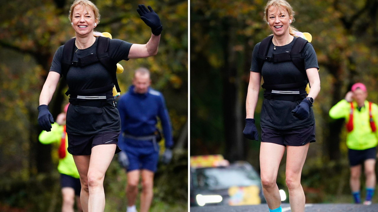 Wolsingham, England, 12th Nov. 2025. BBC Radio 2&#039;s Sara Cox runs through Wolsingham, County Durham, during Day 3 of her Great Northern Marathon Challenge in aid of Children in Need, raising funds for children’s charities. (Photo by Lewis Langstaff-Wood/Alamy Images) - Image ID: 3D4TNJB (RM)