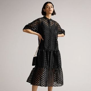 Midi dotted mesh black shirt dress