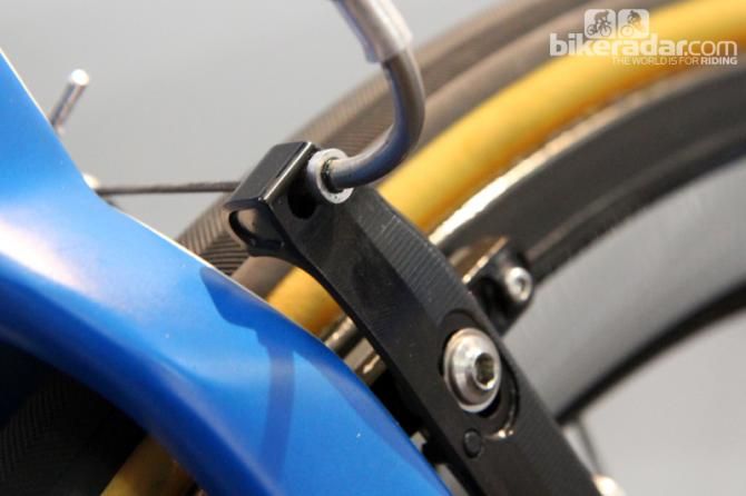Dual cable noodle positions on Blanco's custom machined aluminum linear-pull brakes easily accommodate wide or narrow-profile rims with almost no additional adjustments required.