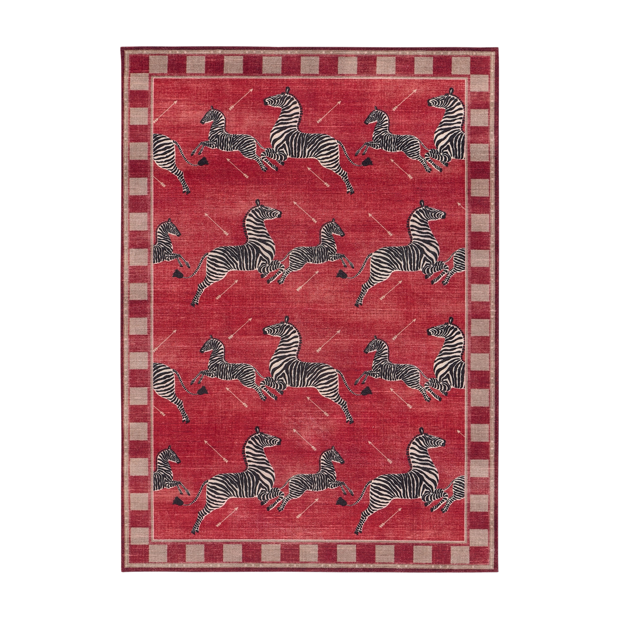 a red and black rug with leaping zebras