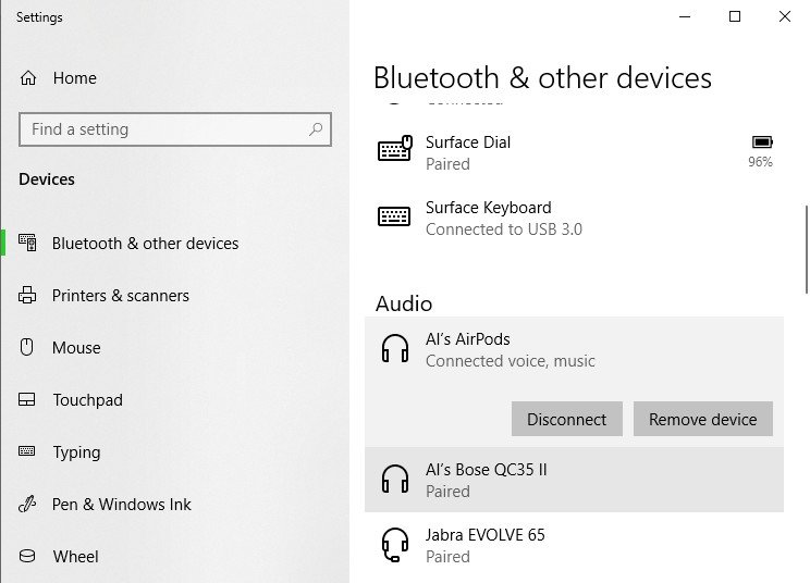 Windows 10 Bluetooth settings Airpods