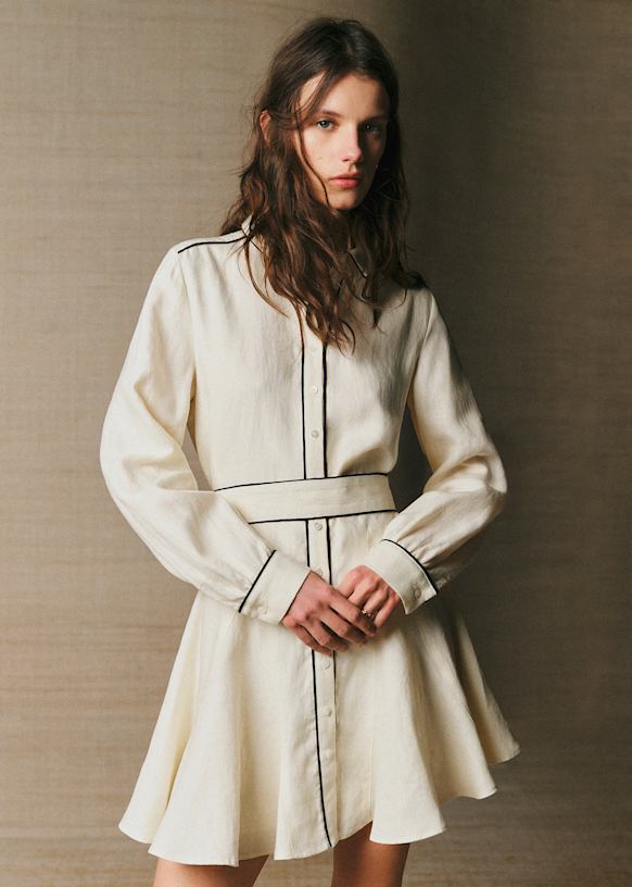 Sol Dress - Ecru With Black Contrast Trim - Linen - S&amp;eacute;zane