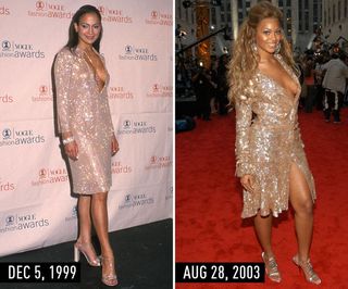 J.Lo (1999) & Beyonce (2003) in tan, long-sleeve, sparkly shirtdress with plunging neckline, embellished T-strap sandals, diamond jewelry, and half-up hair