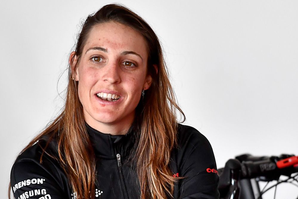 Dutch cyclist Lucinda Brand (Team Sunweb) speaks during a press conference in Waregem prior to the start of the Tour of Flanders