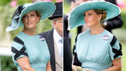 Composite of two pictures of Sophie, Duchess of Edinburgh wearing a turquoise wide leg jumpsuit at Royal Ascot 2018