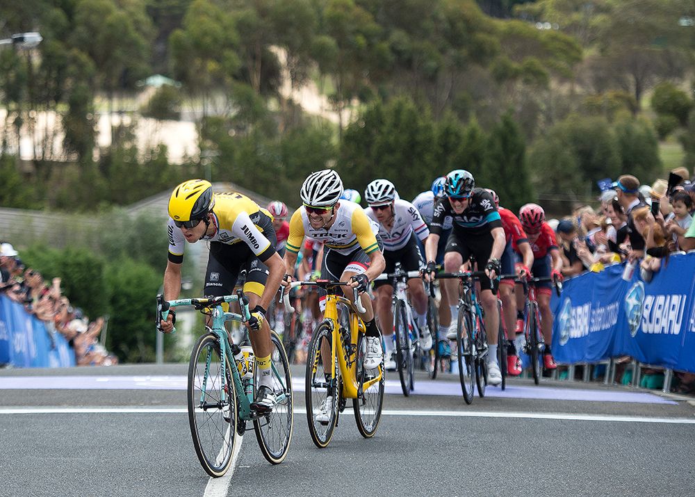 Australian road champion Jack Bobridge sits on the wheel of Maarten Tjallingii