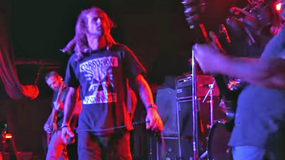 A picture of Randy Blythe onstage with Eyehategod