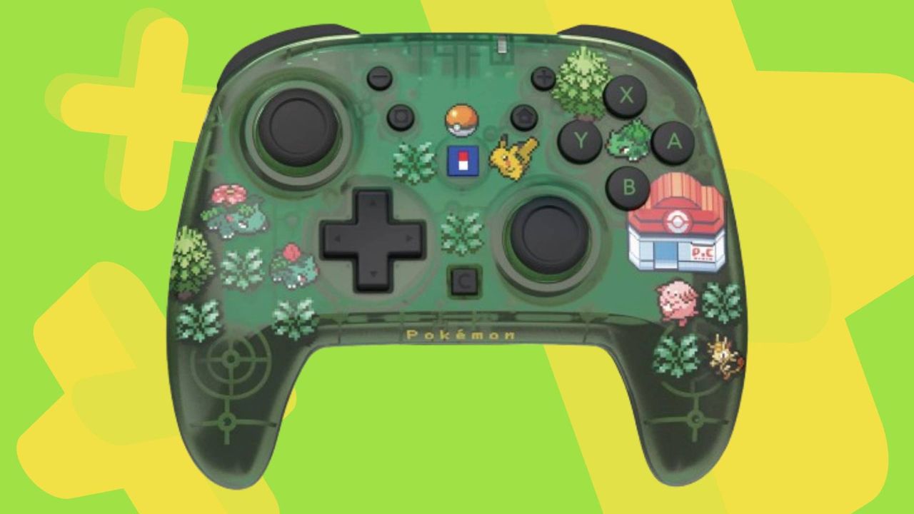 Image of the Hori Pokemon Pixel Green Horipad Turbo controller on a green GamesRadar+ background.