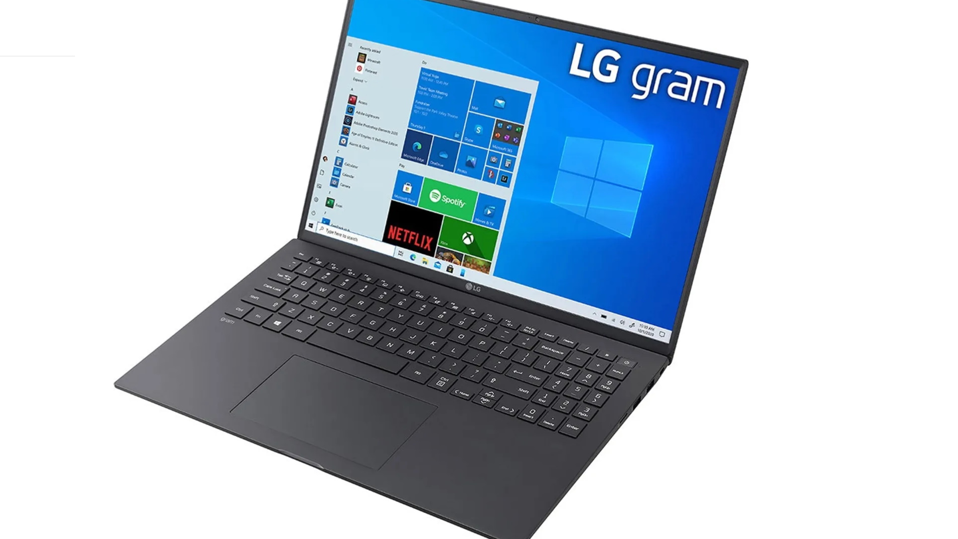 Image of the LG Gram 16 (2021) from another angle with the Windows 10 desktop and Start menu on the screen