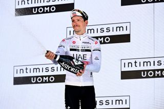 BERGAMO ITALY MAY 21 Joo Almeida of Portugal and UAE Team Emirates White Best Young Rider Jersey celebrates at podium during the 106th Giro dItalia 2023 Stage 15 a 195km stage from Seregno to Bergamo UCIWT on May 21 2023 in Bergamo Italy Photo by Stuart FranklinGetty Images