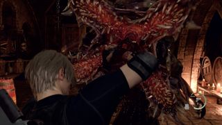 Resident Evil 4 Remake Leon holding back a monsters mouth