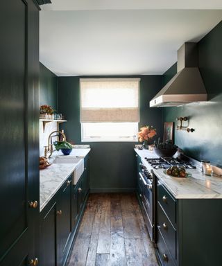 A moody green galley kitchen with marble countertops