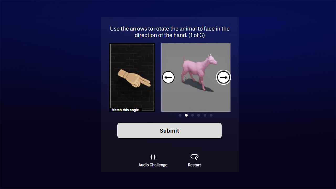 मैक्स-आधारित पहेली का एक स्क्रीनशॉट, जो आपको एक जानवर को उस दिशा में घुमाने के लिए कहता है, जिस दिशा में हाथ इशारा कर रहा है