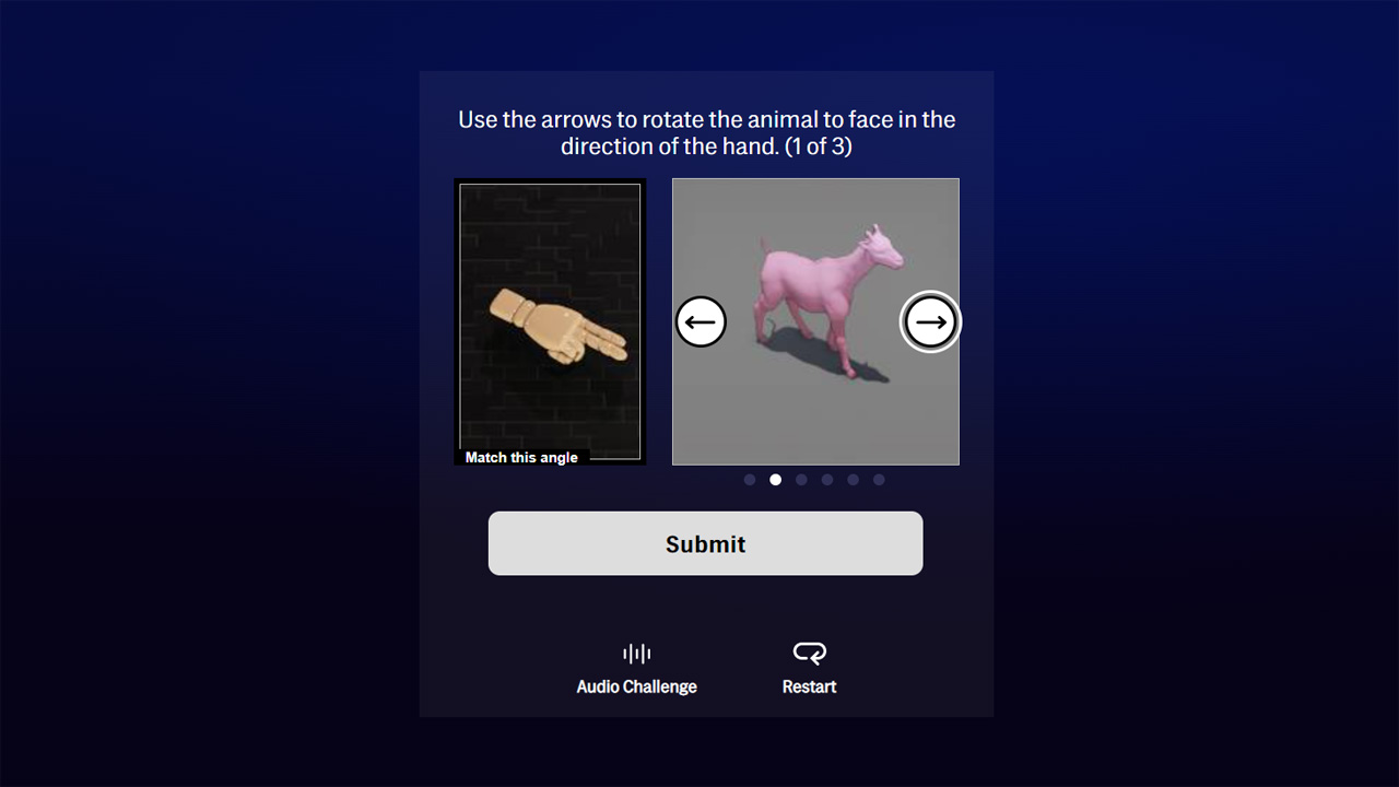 A screenshot of a Max-based puzzle, which asks you to rotate an animal in the direction a hand is pointing