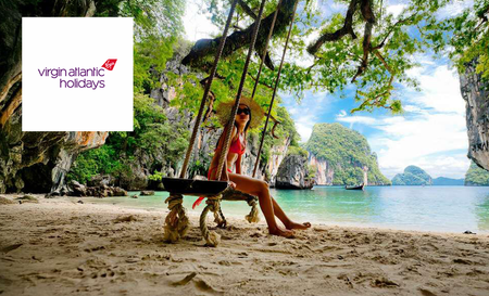 Virgin Holidays logo top left with a picture of a woman sitting on a swing in Phuket Thailand