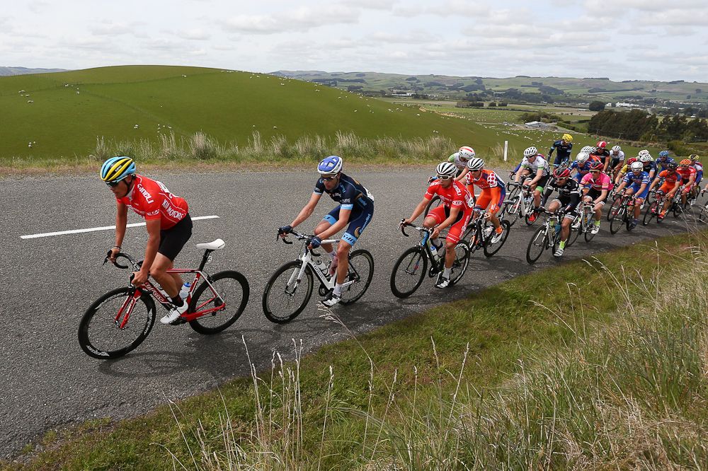 Travis McCabe of U.S. leads the main peloton towards Gore during stage five of the Tour of Southland