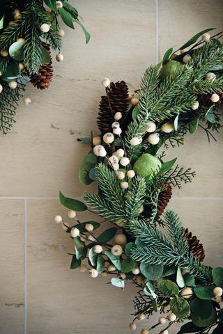 Close-up shot of a green Christmas wreath