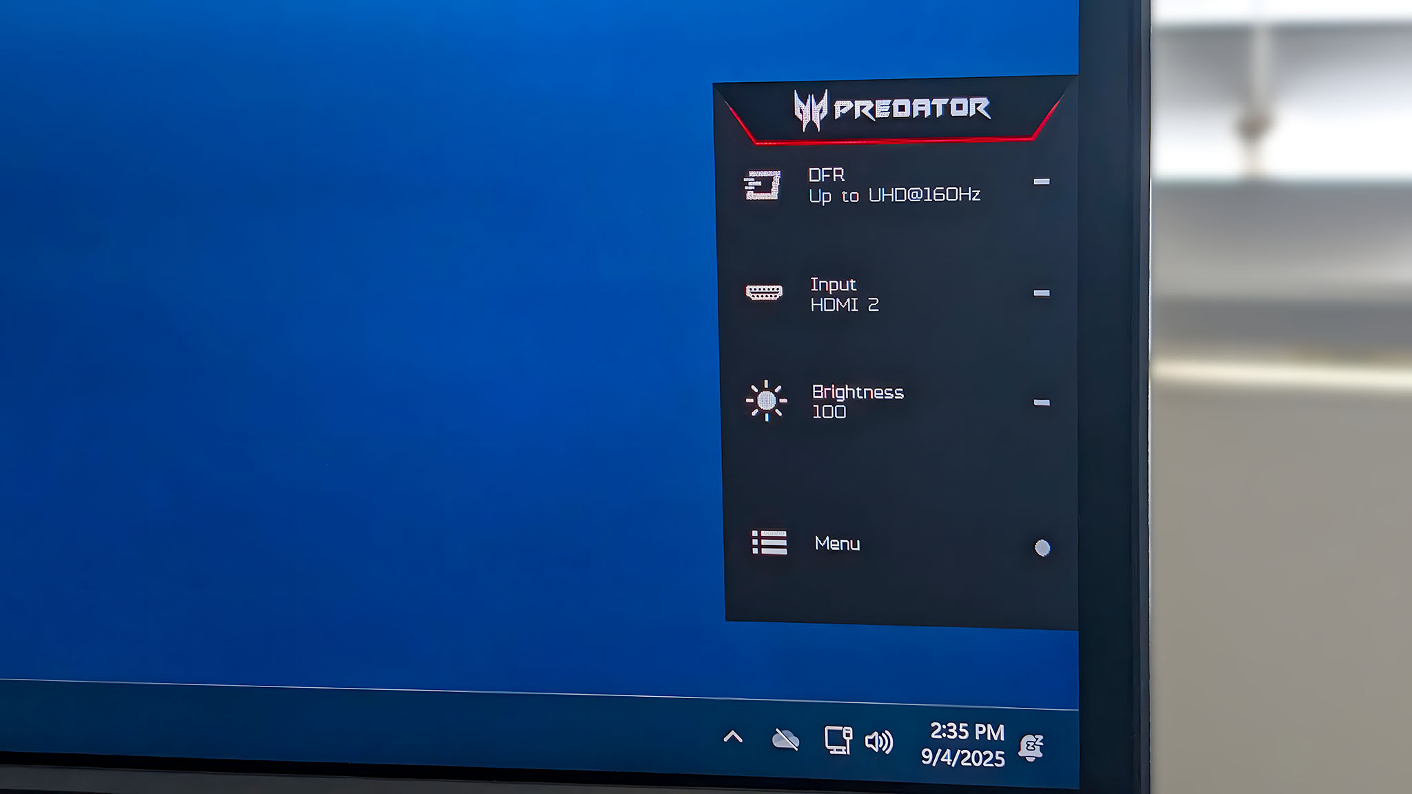 A closeup of the Acer Predator XB273K's OSD side menu.