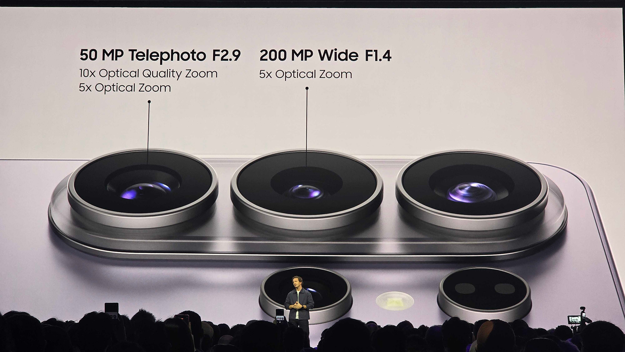 Samsung upgraded the lenses on the telephoto and main cameras, as seen on stage at Galaxy Unpacked February 2026
