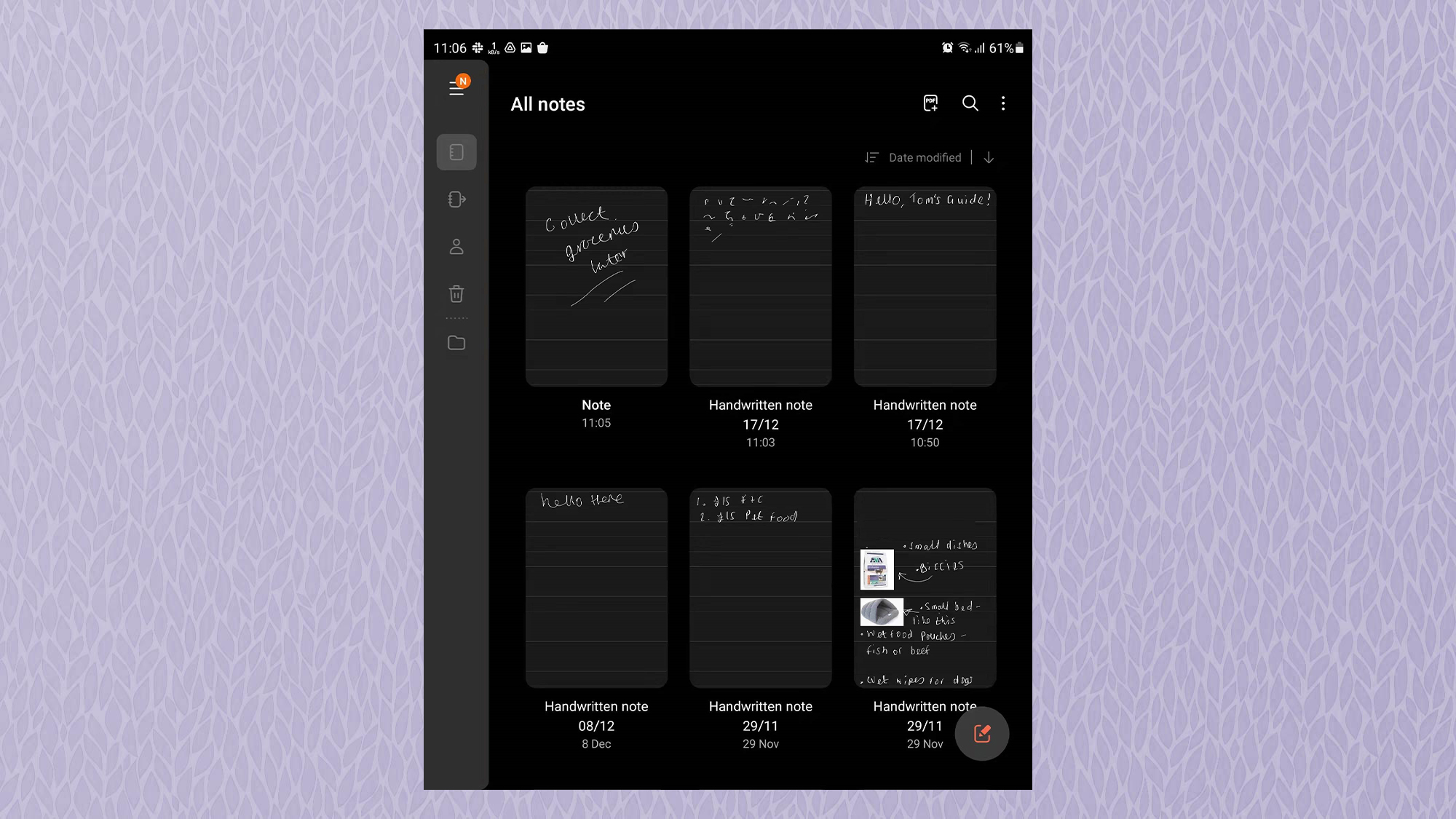 Снимок экрана Samsung Galaxy Z Fold3 со списком рукописных заметок