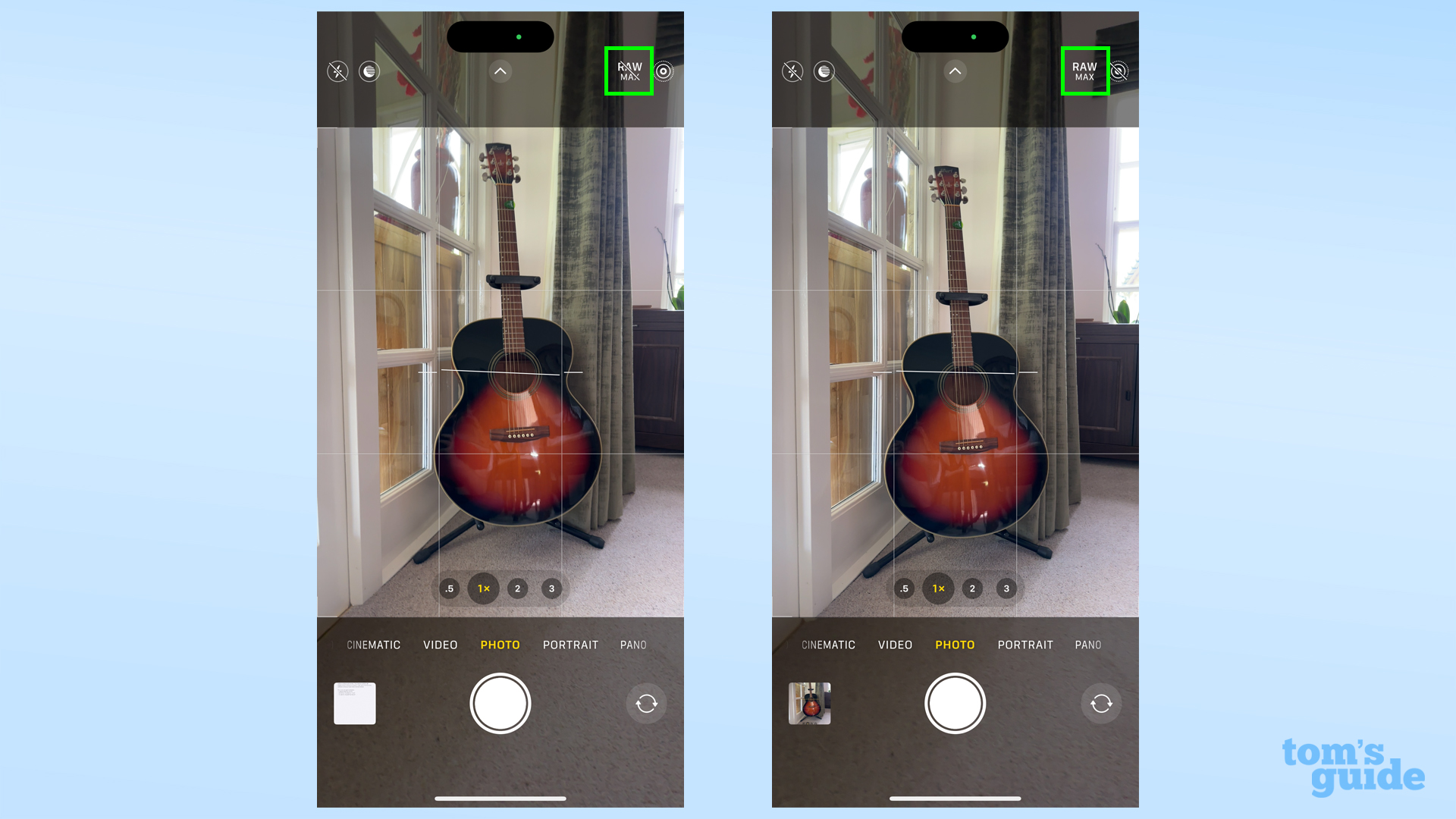 Снимки экрана, показывающие кнопку в камере для включения изображений Max или ProRaw в iOS 17 в iOS 17
