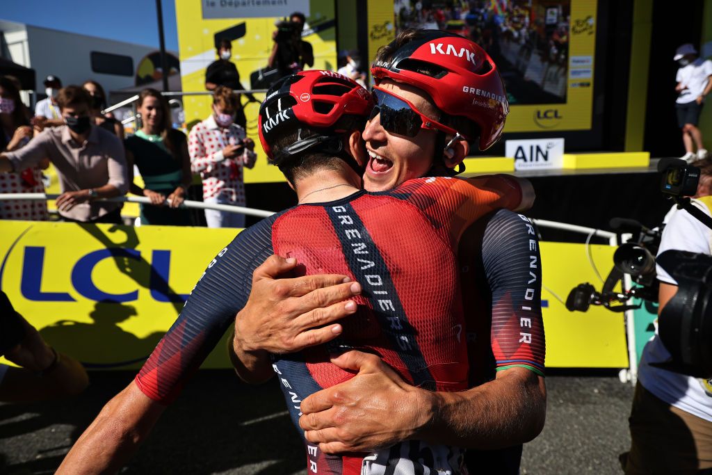 GRAND COLOMBIER FRANCE JULY 14 LR Tom Pidcock of United Kingdom and stage winner Michal Kwiatkowski of Poland and Team INEOS Grenadiers react after the stage thirteen of the 110th Tour de France 2023 a 1378km stage from ChtillonSurChalaronne to Grand Colombier 1501m UCIWT on July 14 2023 in Grand Colombier France Photo by Christophe Petit Tesson PoolGetty Images